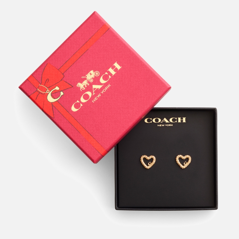 Coach Signature Silver-Tone Pavé Heart Stud Earrings